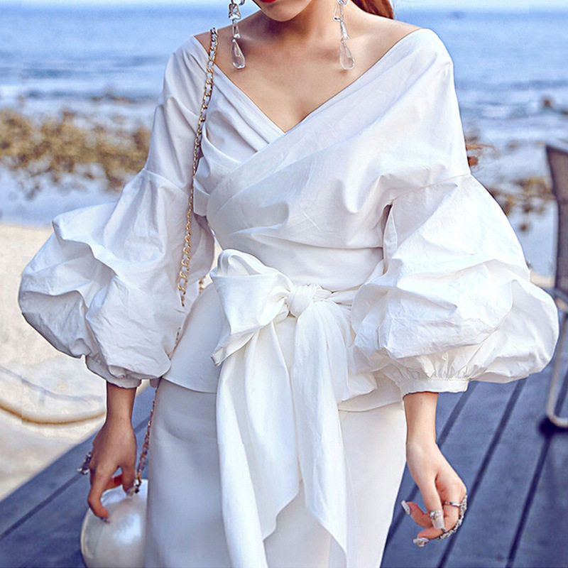 2020 large womens strapping bubble sleeve sexy v-neck top
