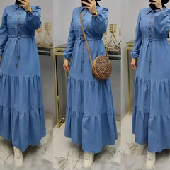 中东阿拉伯迪拜蓝色拼接长裙时尚牛仔连衣裙 Fashion denim dress