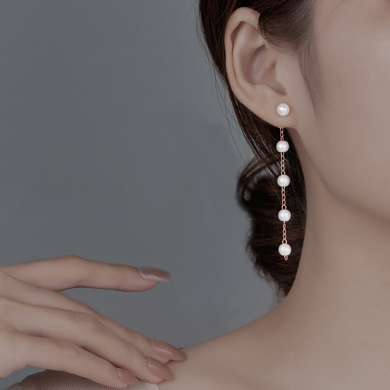 2024年新款爆款长款珍珠流苏耳线耳钉女士简约小众设计高级感耳环