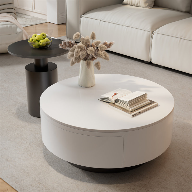 法式黑白圆形岩板茶几组合小户型客厅家用简约现代轻奢高级感茶桌