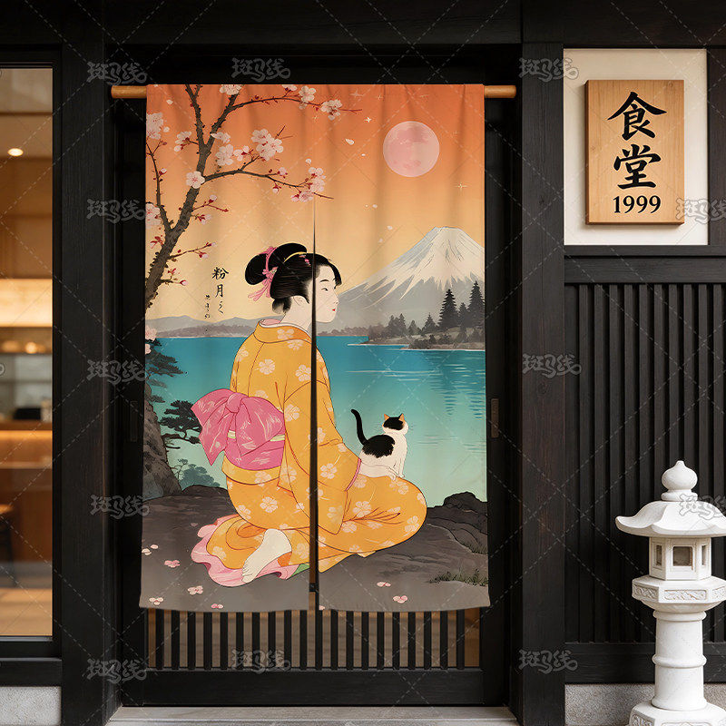 日式和风门帘定制春日樱花和服少女图案隔断家居装饰质感日系传统