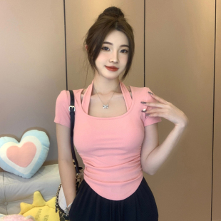 粉色设计感上衣 假两件不规则挂脖T恤女夏季 新款 短款 甜美辣妹短袖