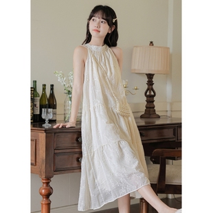 挂脖连衣裙女宽松海边度假中长裙 2025夏季 新款 法式 别致小个子无袖