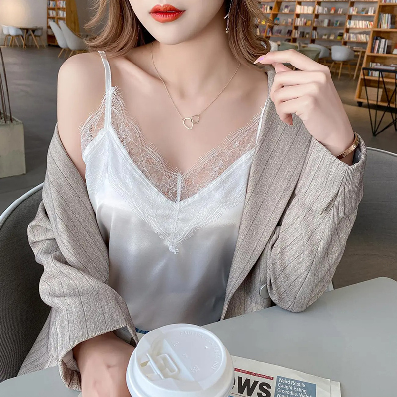 欧货性感V领睫毛蕾丝吊带背心女丝质绸缎无袖上衣西装内搭打底衫