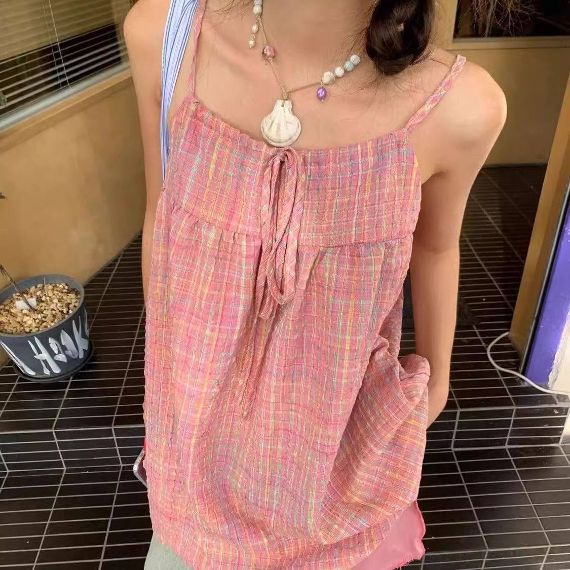 甜美彩虹格纹抽绳吊带连衣裙女夏季2024新款蕾丝阔腿裤小清新套装