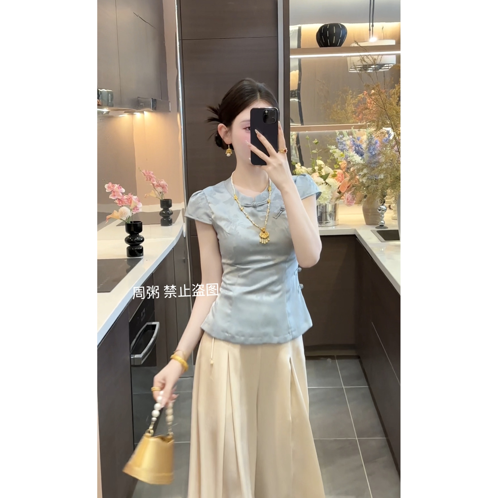【周粥】【如意】新款新中式缎面提花气质收腰上衣预JJX5SY3557