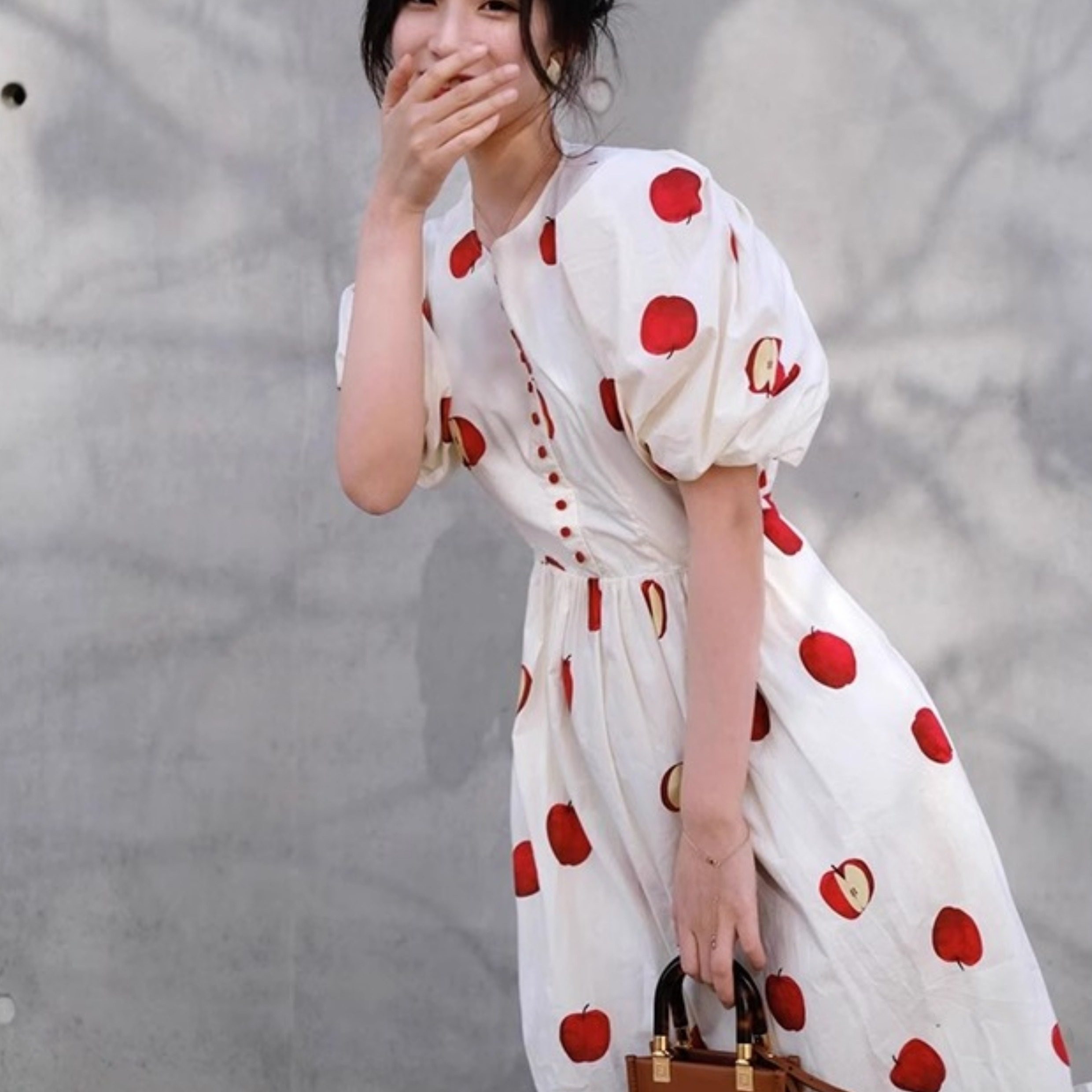 ROUJE ALLEN 2025年夏新款法式泡泡袖连衣裙女高级感白色印花裙子