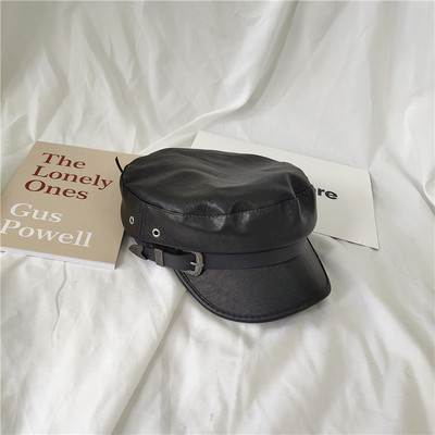 韩国秋冬天皮黑色鸭舌贝雷帽子