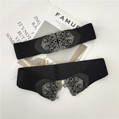 黑花纹对扣腰带女装 饰腰封配裙子复古松紧弹力宽皮带百搭简单束腰