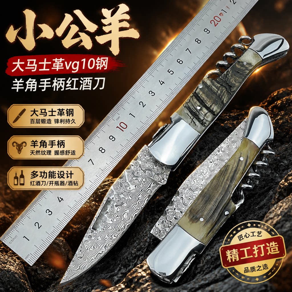小公羊大马士革钢刀户外家用折叠刀口袋刀随身便携开红酒礼品小刀