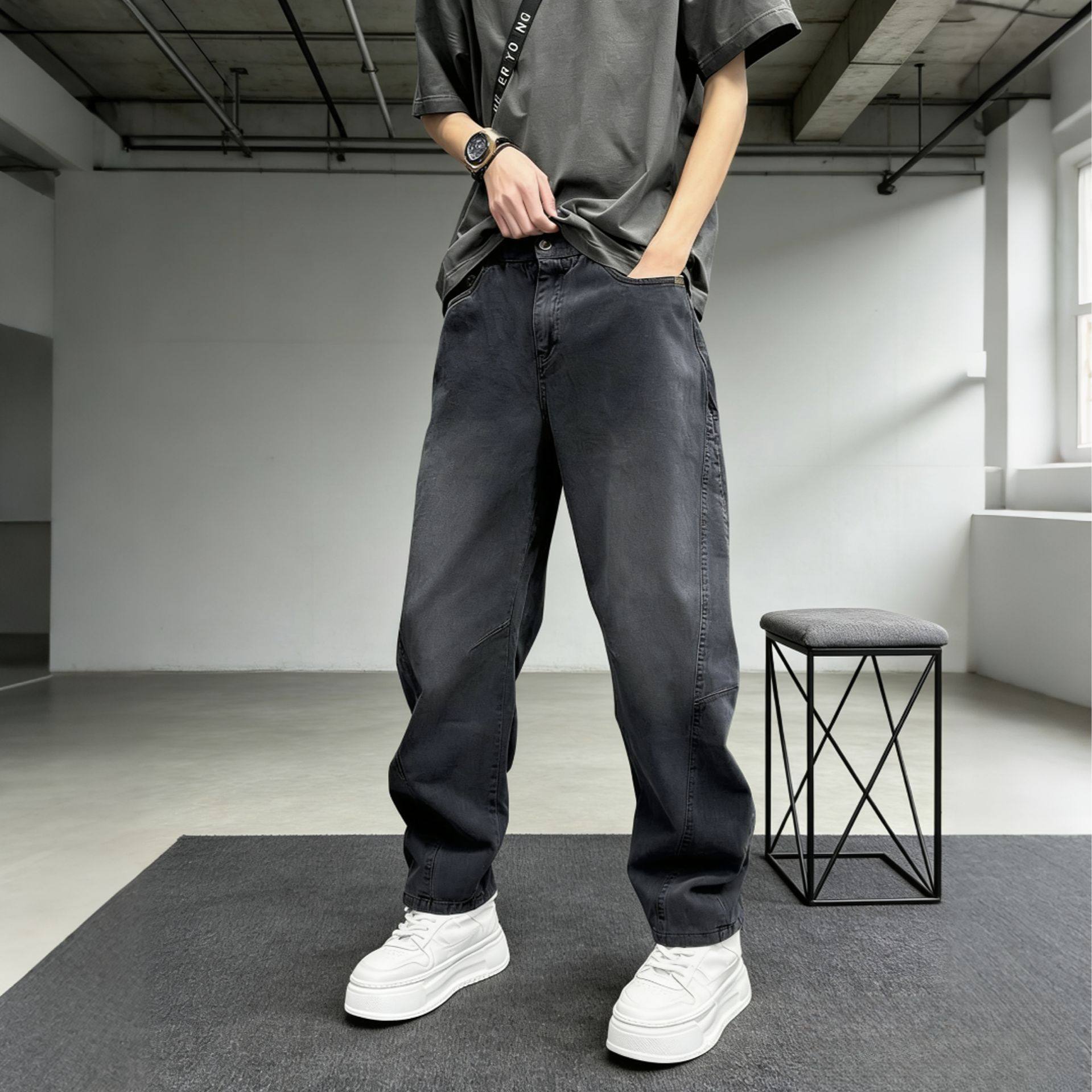 秋冬加绒加厚新款直筒裤阔腿做旧牛仔裤男士弯刀高级感宽松休闲裤