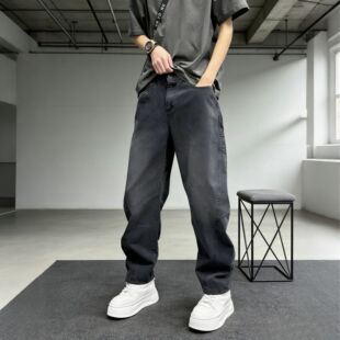 秋冬加绒加厚新款直筒裤阔腿做旧牛仔裤男士弯刀高级感宽松休闲裤