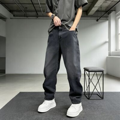 直筒做旧阔腿牛仔弯刀宽松休闲裤
