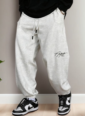 秋冬新款美式休闲裤痞帅刺绣灰色针织卫裤男宽松抽绳百搭运动束脚