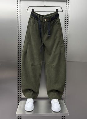 2025秋冬加绒加厚潮牌痞帅男弯刀条纹长裤绿色腰带宽松直筒休闲裤
