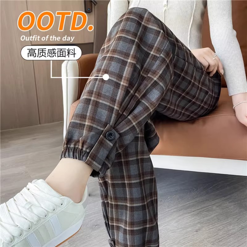 清仓捡漏~秋冬格子加绒加厚束脚裤女高腰大码休闲萝卜哈伦运动裤