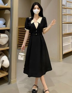 大码 高级感复古假两件遮肚显瘦黑色长裙子 连衣裙女夏季 赫本风法式