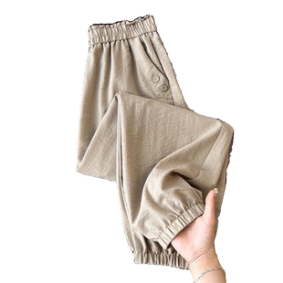 冰丝麻九分裤女夏季薄款清凉松紧高腰休闲束脚高腰显瘦哈伦萝卜裤