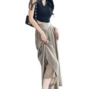 松紧腰飘飘裤裙子女夏季新款高腰垂感绑带冰丝薄款棉麻阔腿裙裤潮