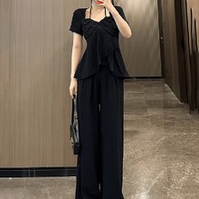 大码黑色套装短袖衬衫+长裤两件套女微胖mm巨显瘦夏季穿搭一整套
