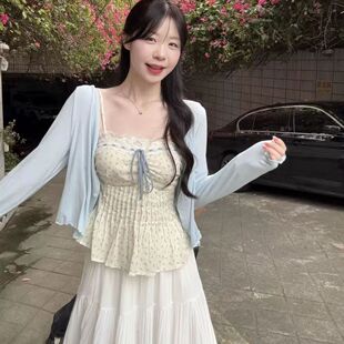 大码胖妹妹纯欲风碎花蕾丝吊带女2026春夏防晒开衫叠穿绝美两件套