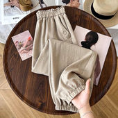 清凉松紧高腰休闲束脚高腰显瘦哈伦萝卜裤 薄款 女夏季 冰丝麻九分裤