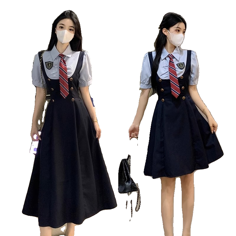 大码学院风假两件连衣裙女夏季新款短袖百褶裙胖MM遮肚子梨形身材