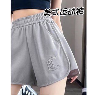 刺绣运动短裤 新款 美式 女夏季 潮 外穿宽松休闲阔腿高腰薄款 三分热裤