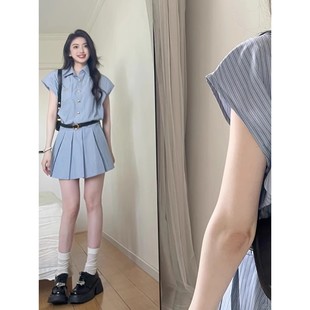 小众设计学院风收腰百褶短裙 2025新款 蓝色条纹衬衫 连衣裙子女夏季