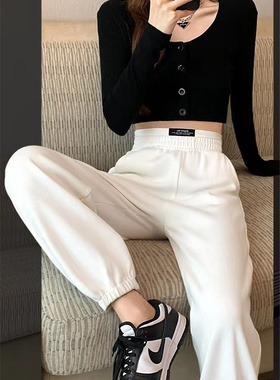 春夏季薄款白色卫裤女2023新款潮ins高腰显瘦哈伦束脚休闲运动裤