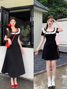 大码赫本风蕾丝花边连衣裙女夏季胖MM显瘦a字裙梨形身材黑色裙子