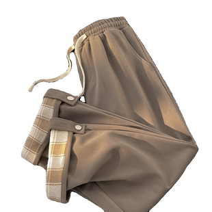 工装阔腿运动裤女秋冬加绒宽松韩版学生百搭直筒翻边格子休闲裤潮