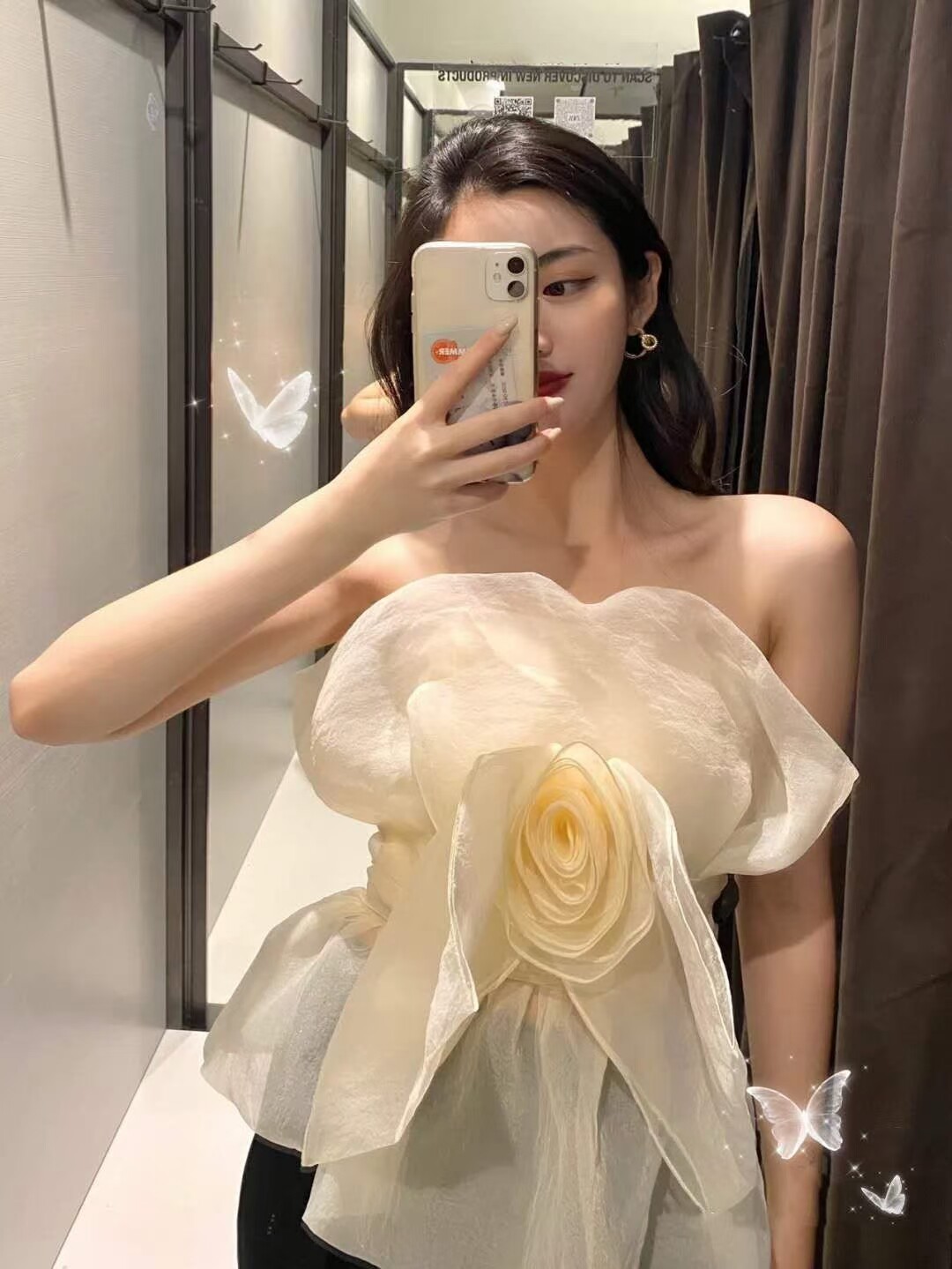 度假风仙气飘飘锁骨一字肩花朵抹胸上衣女高级感春夏外穿网纱礼服