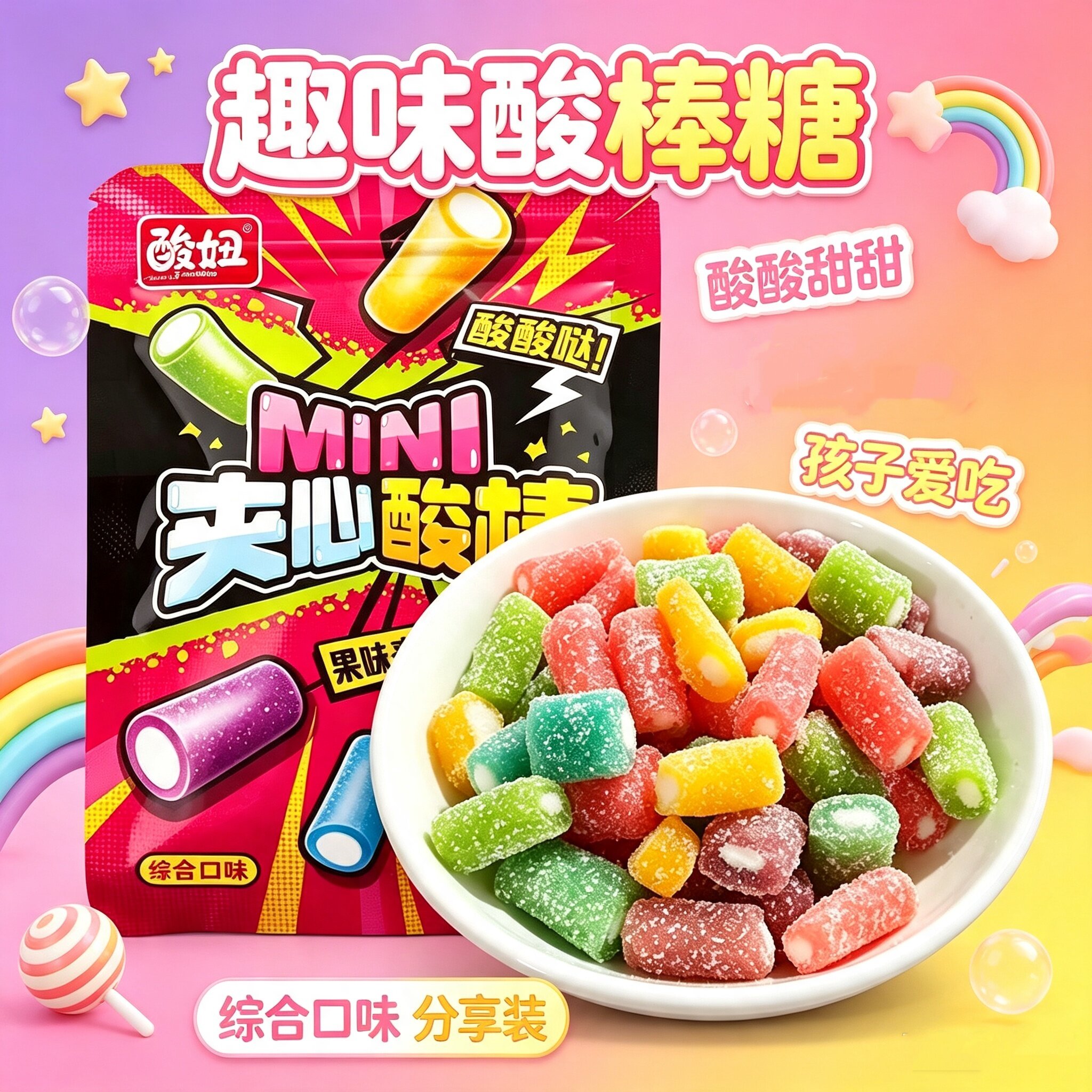 酸妞MINI夹心酸棒果味夹心软糖8090后童年经典怀旧酸溜溜糖果零食
