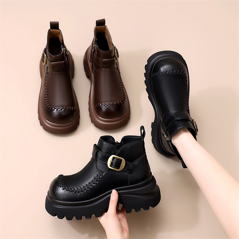 复古厚底马丁靴女2025年秋冬加绒加厚雪地靴百搭增高洋气低帮短靴