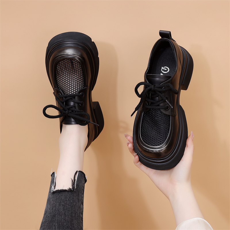 欧货网面镂空小皮鞋女2025春夏季英伦风配裙子透气厚底增高乐福鞋