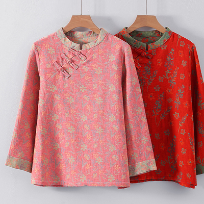 中老年纯棉双层纱布盘扣睡衣红色