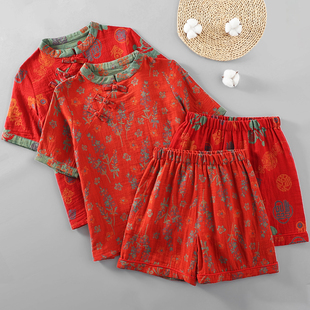 透气防着凉宽松家居服两件套 短裤 纯棉纱布复古盘扣睡衣女夏款 短袖