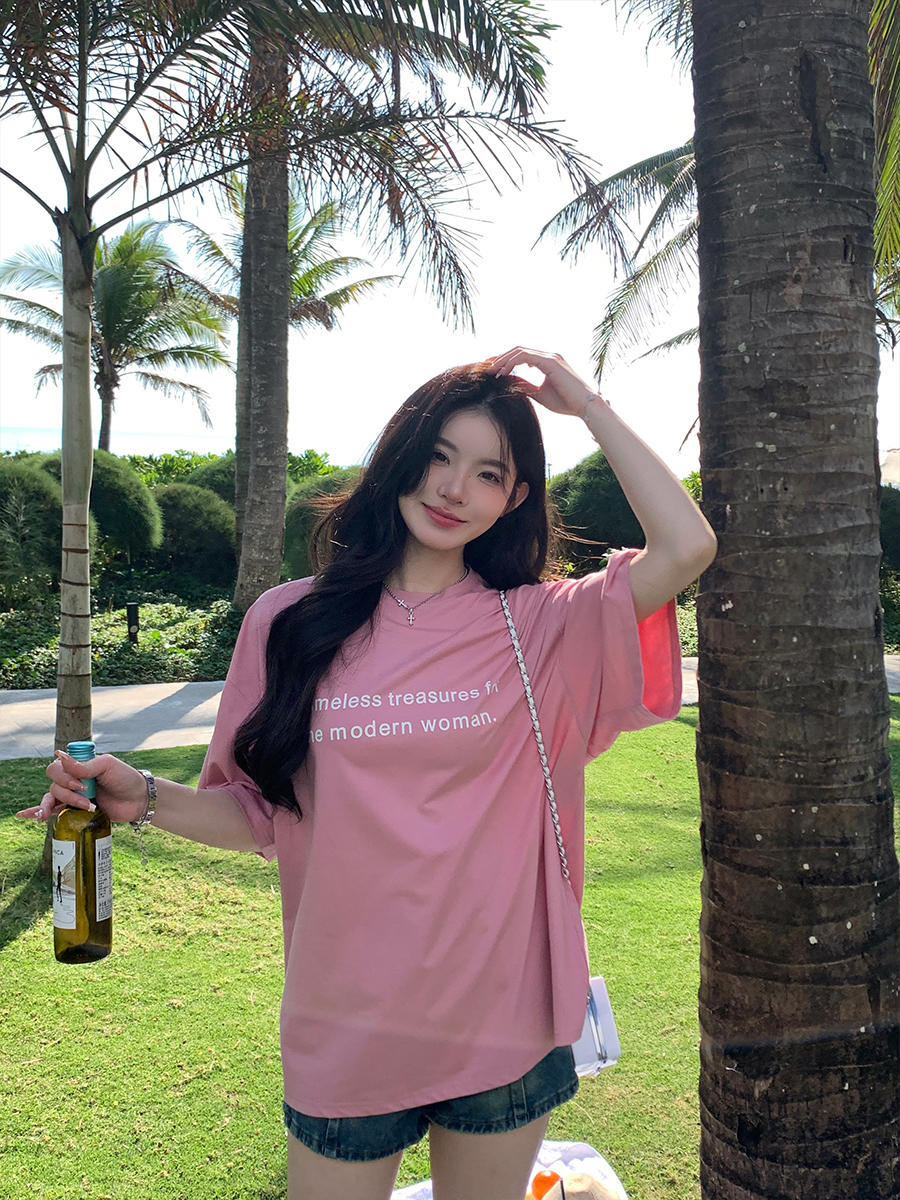 alex stevens设计感印花字母短袖t恤女宽松版休闲中长款圆领上衣