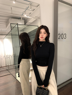 alex 女春秋季 皺褶收腰長袖 t恤上衣 stevens卡戴珊半高領(lǐng)打底衫