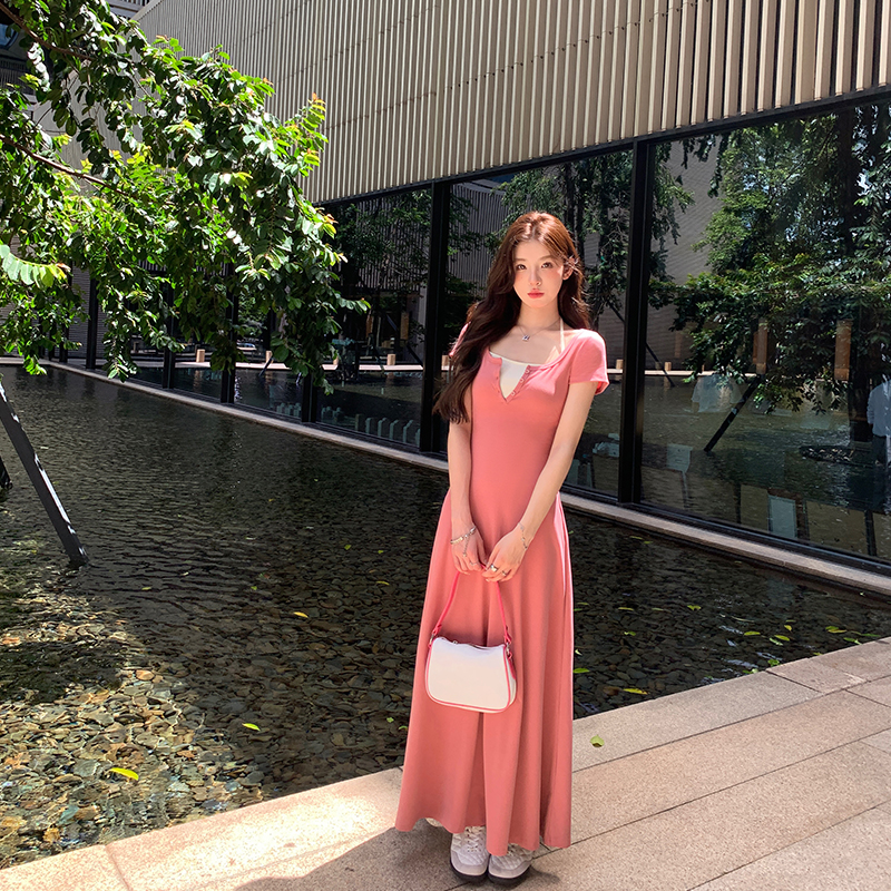 alex stevens设计感叠穿两件套短袖连衣裙女夏季纯色收腰长裙子