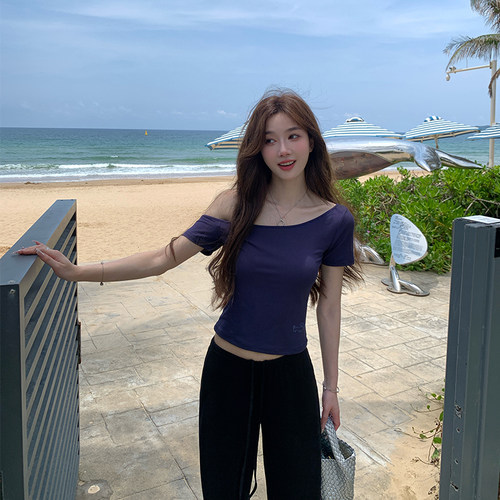 alex stevens腊肠狗刺绣小上衣女夏季修身斜肩一字领露肩短袖T恤