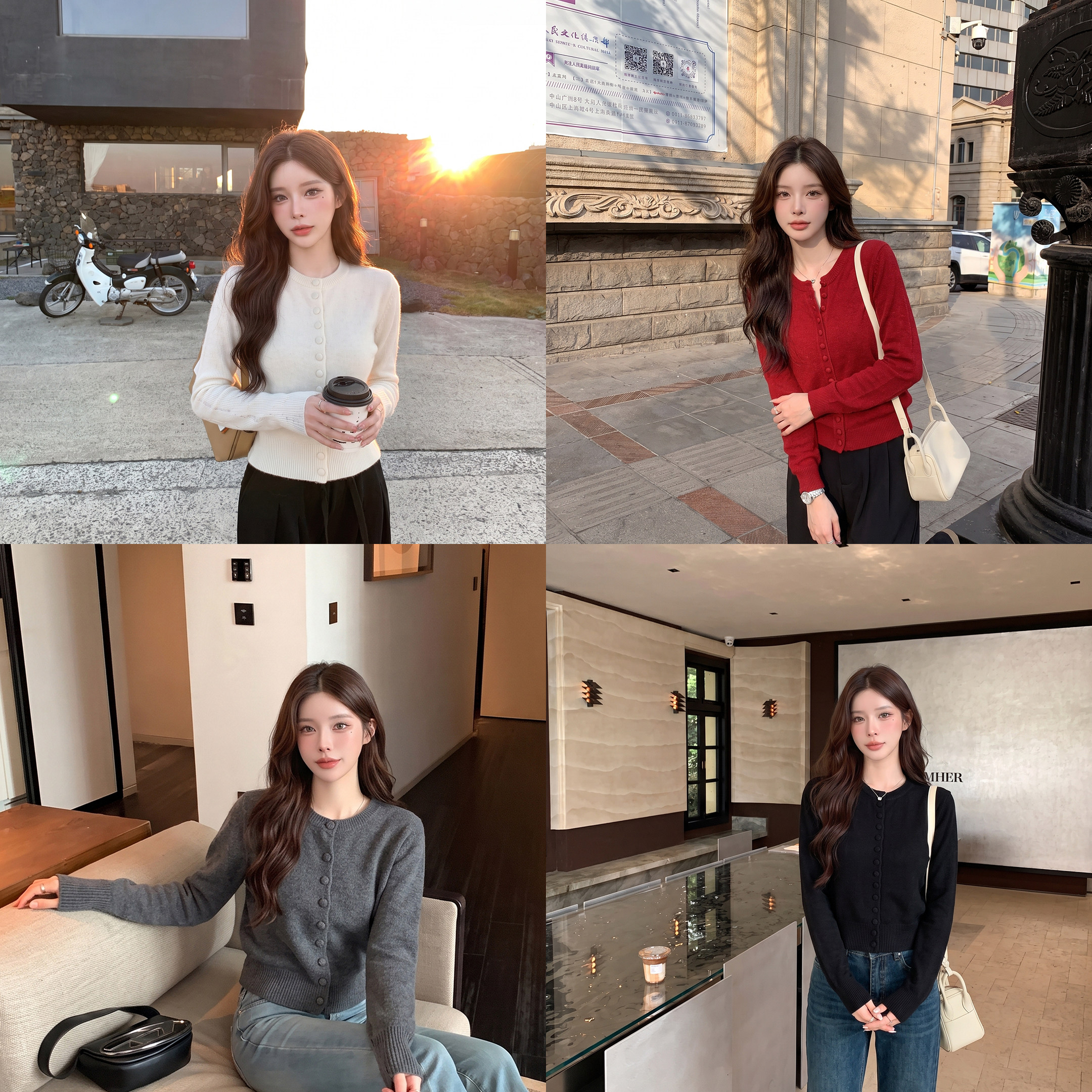 alex stevens简约圆领纽扣针织开衫女秋季短款长袖毛衣外套上衣