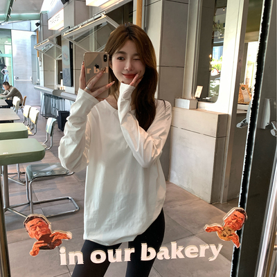 alex stevens白色圆领长袖T恤女春季宽松打底衫内搭外穿纯色上衣