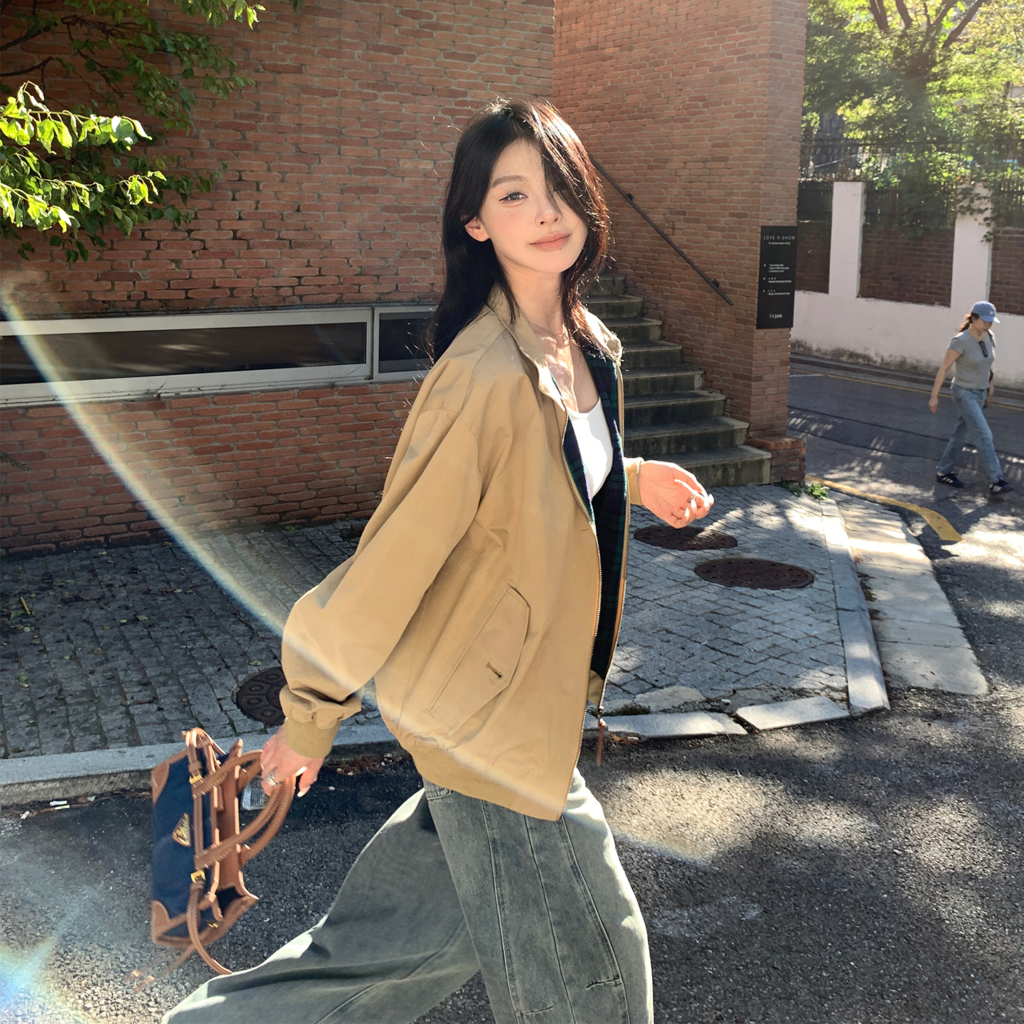 alex stevens美式卡其色立领短款工装外套女秋季撞色格纹夹克上衣