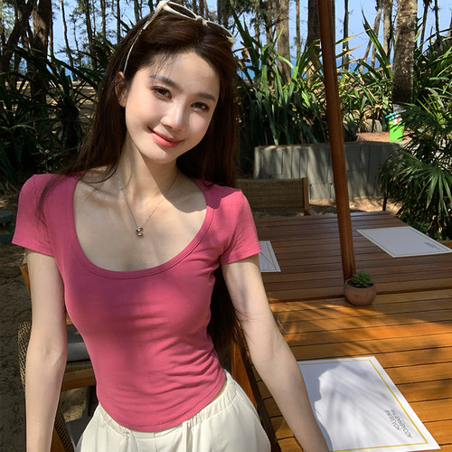 alex stevens 大U领短袖t恤内搭外穿女夏季短款修身显瘦正肩上衣