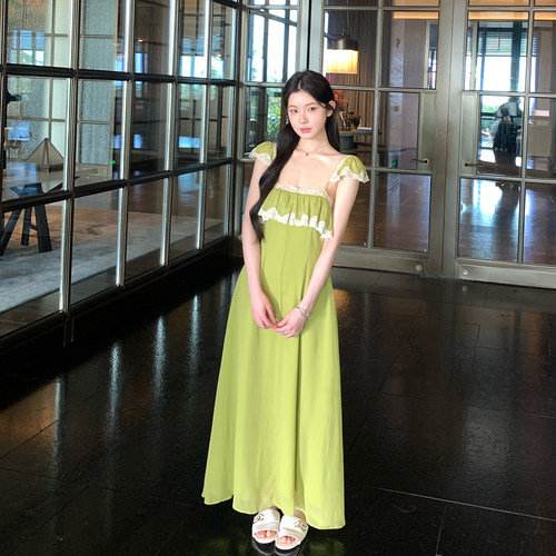 alex stevens独特漂亮蕾丝拼接吊带连衣裙女夏季宽松度假风长裙子