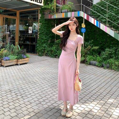 方领蕾丝连衣裙女夏季显瘦长裙子