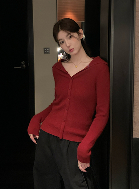 alex stevens红色大翻领v领针织衫女秋季内搭羊毛衫长袖打底上衣