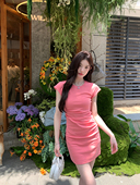 stevens 小飞袖 皱褶包臀裙连衣裙女夏季 alex 纯色修身 显瘦短裙子